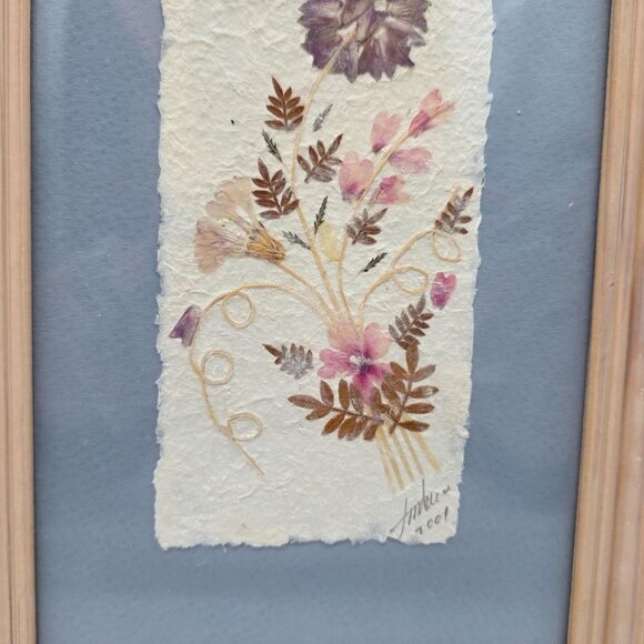 Pressed Flower Art In Wooden Frames Set Signed 2001 Blue & Green Mats Wall Decor - Picture 5 of 10
